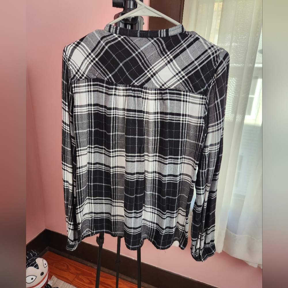 Lucky Brand Women's Medium Top Plaid Bib Front Blouse Black White - Picture 2 of 5